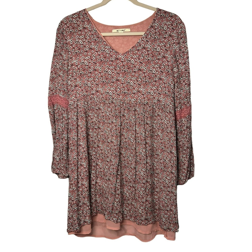 Miami Women Small Floral 3/4 Sleeve Babydoll Tunic Dress Style Dusty Rose Summer